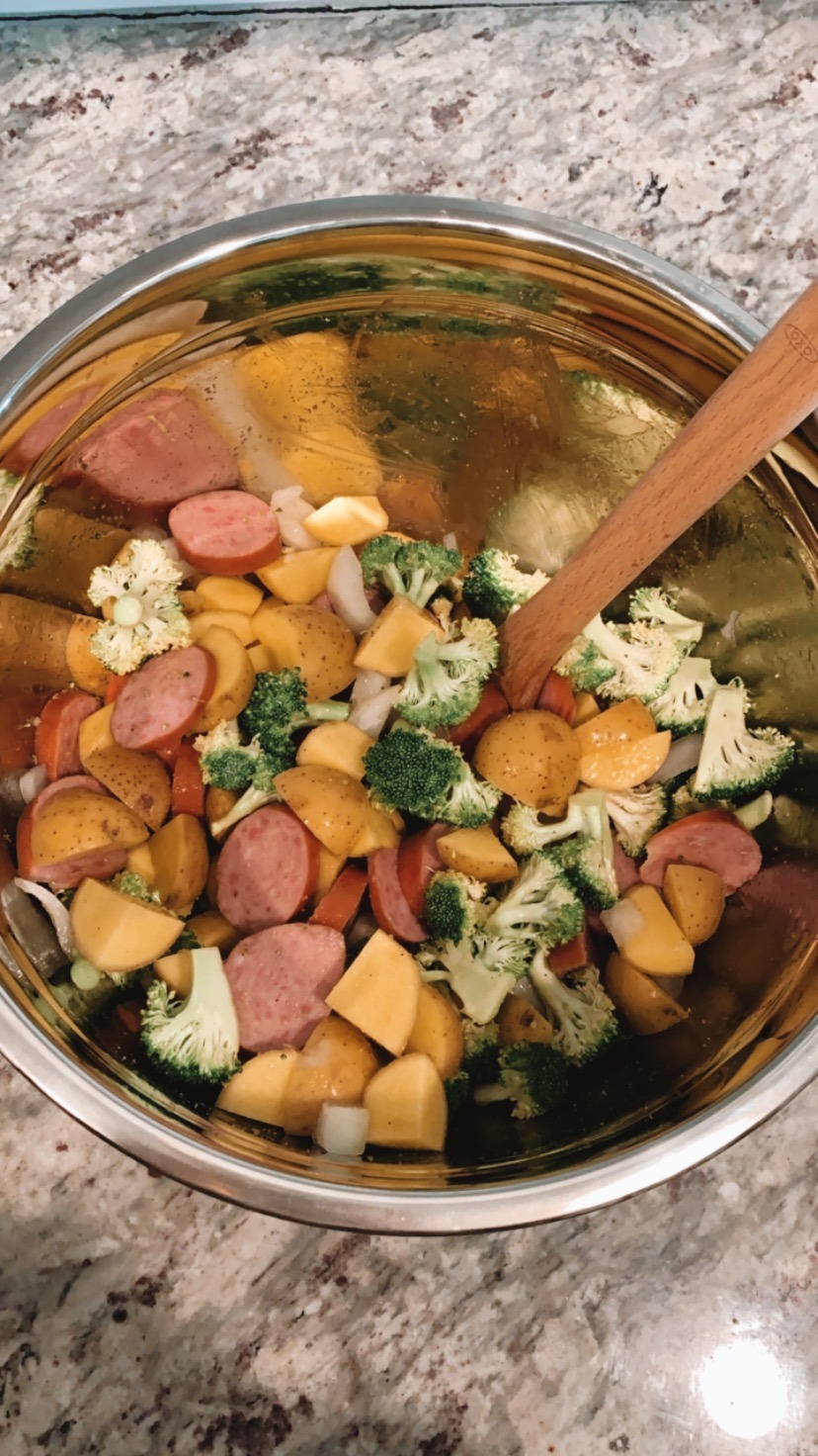 Kielbasa, Potatoes, Broccoli & Onion Baking Sheet Dinner